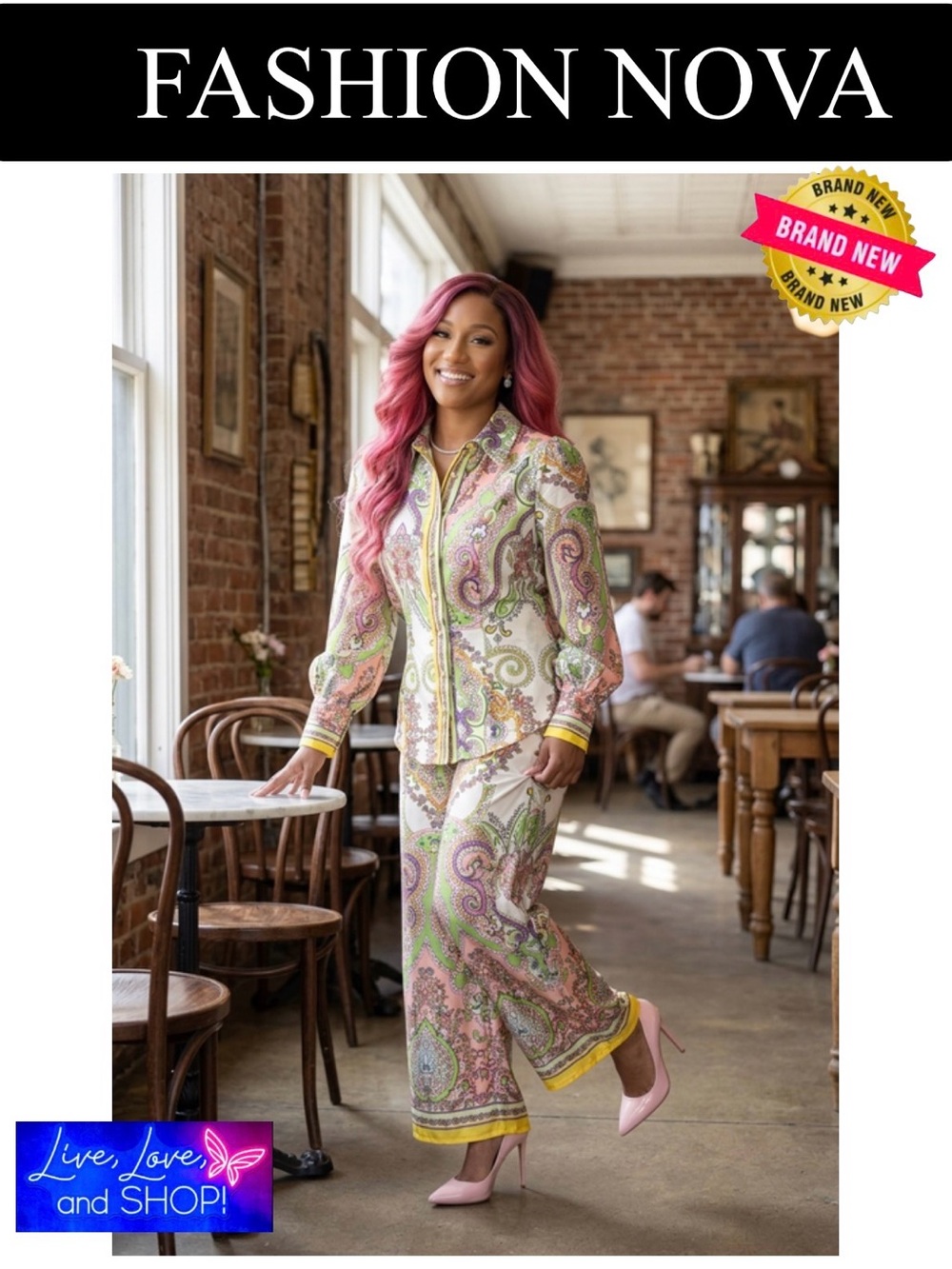 FASHION NOVA Pink & Green Paisley Button-Up 2 Piece Wide Leg Pantsuit, NWT